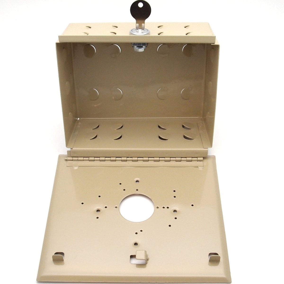 Beige Metal Thermostat Guard with Ring Base - Durable Tamper - Proof Cover, 6" x 3 - 13/16" - HVAC PremiumF29 - 0193