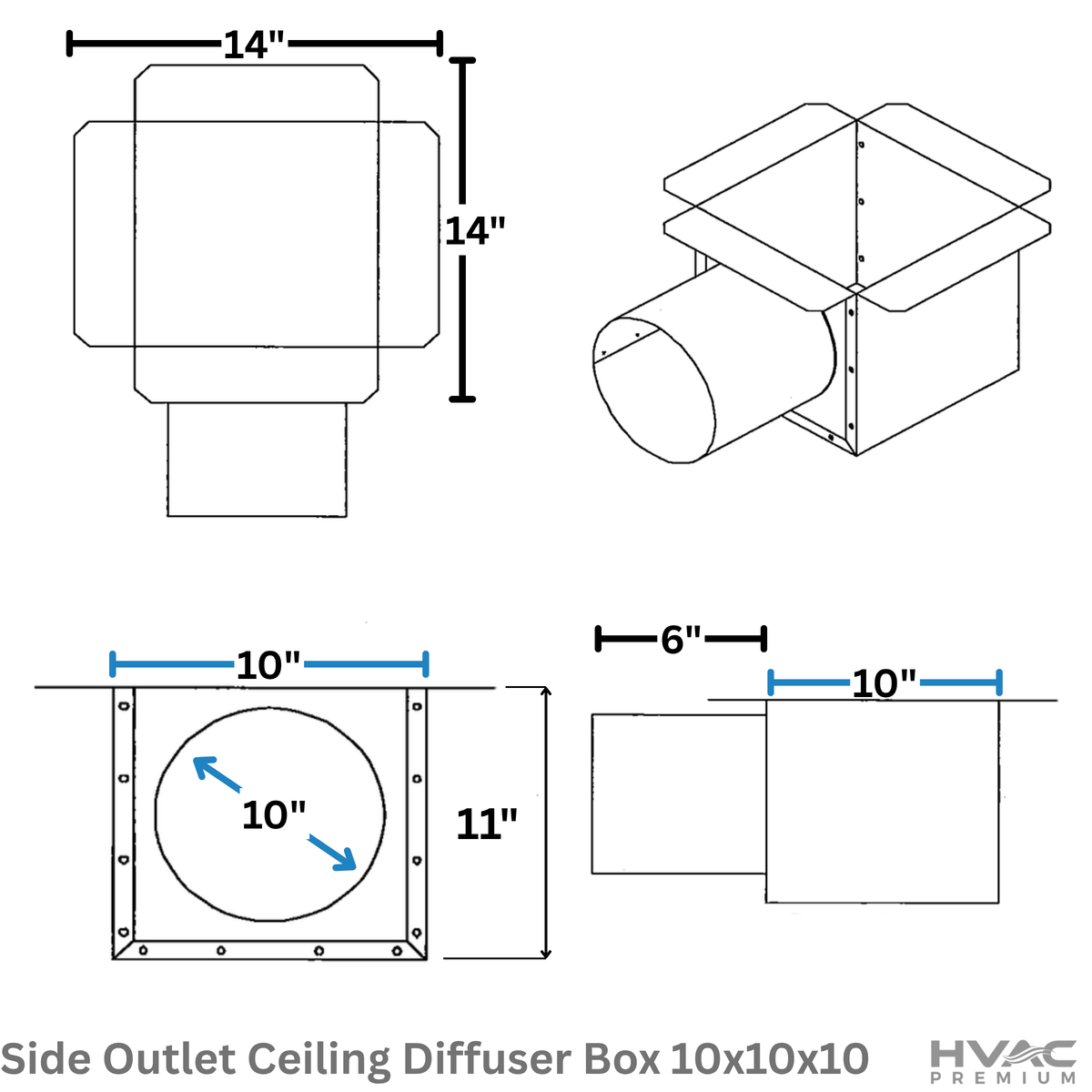 Side Outlet Ceiling Diffuser Box | 10" X 10" X 10" | Galvanized Steel Metal Box is Compatible with Duct 10"