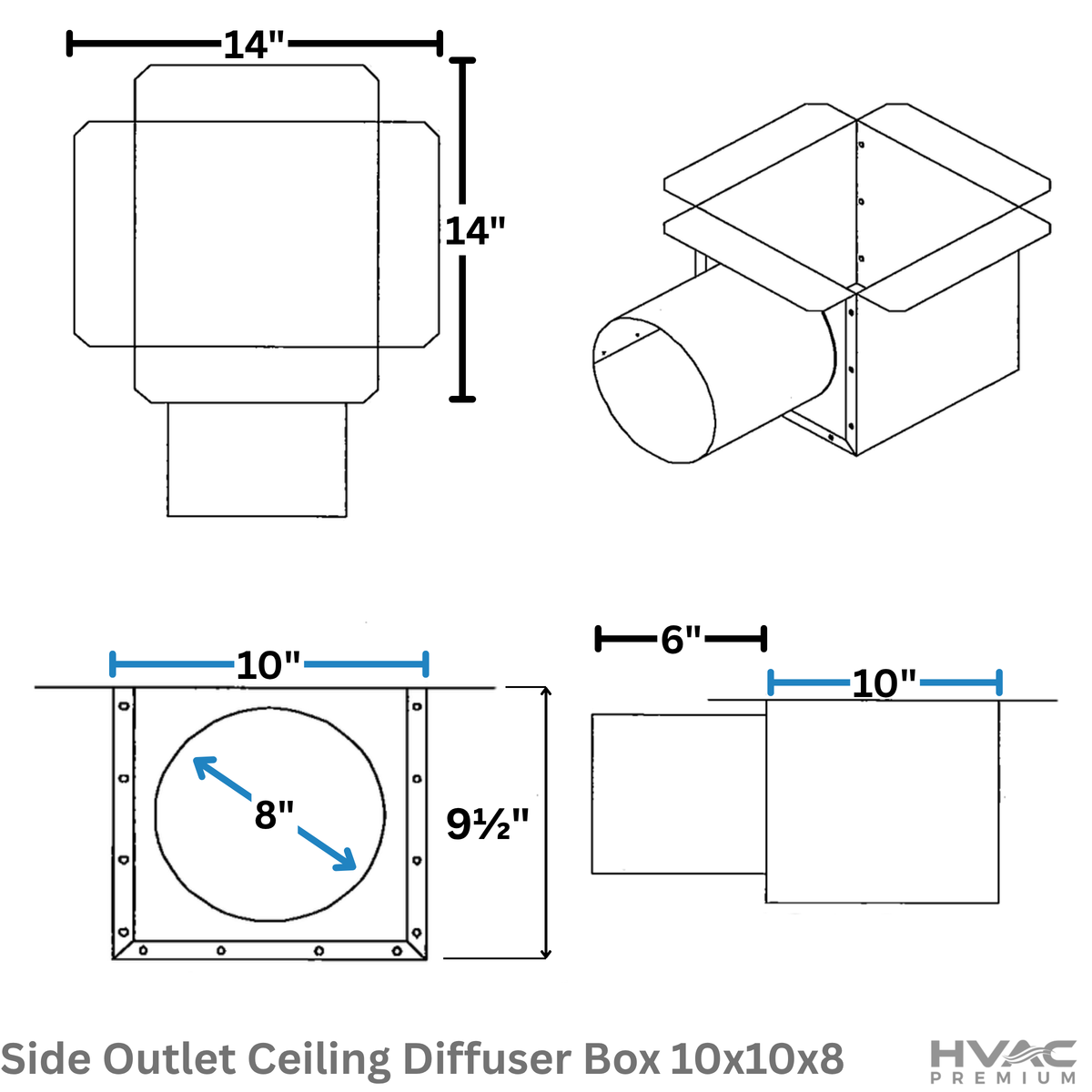 Side Outlet Ceiling Diffuser Box | 10" X 10" X 8" | Galvanized Steel Metal Box is Compatible with Duct 8"