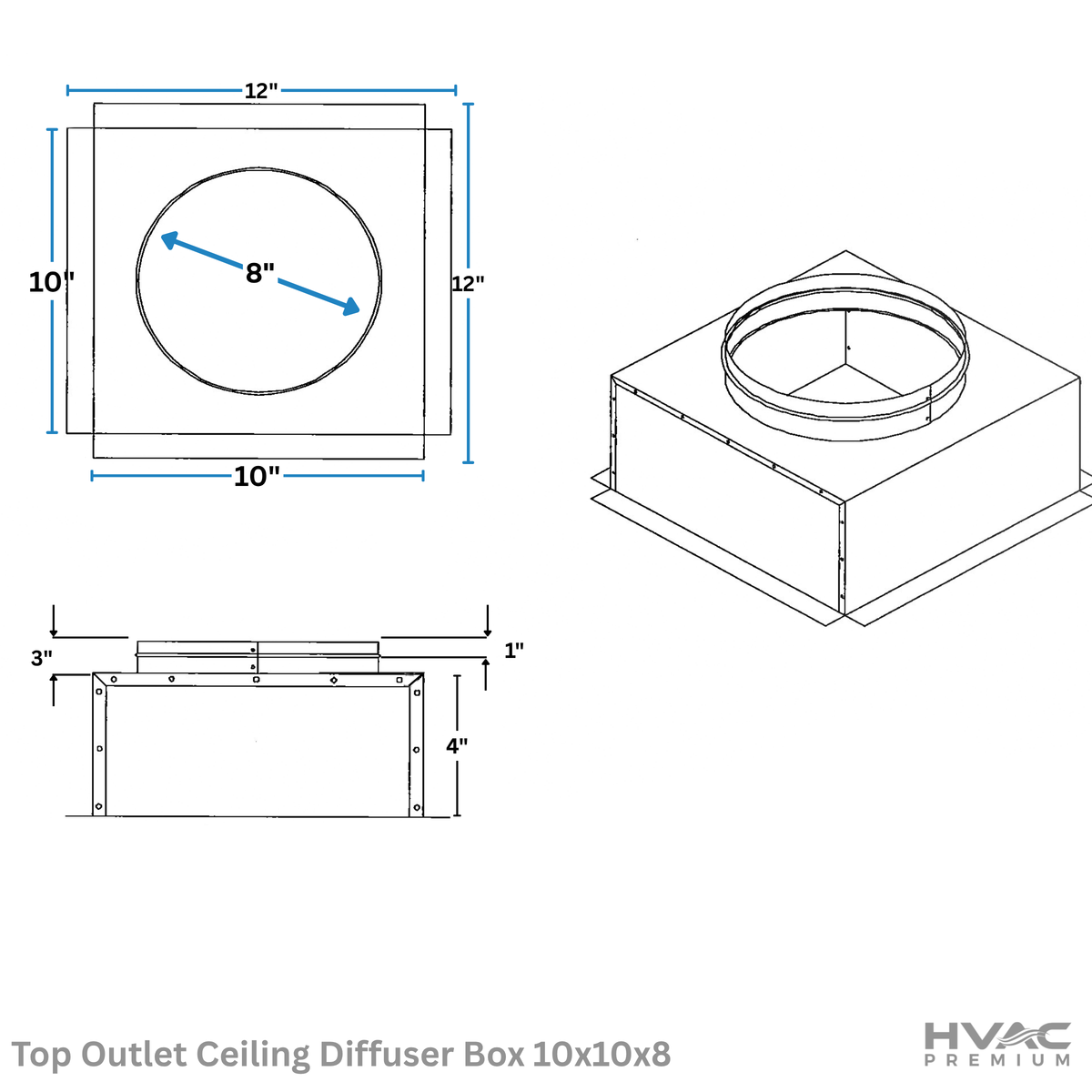 Top Outlet Ceiling Diffuser Box | 10" X 10" X 8" | Galvanized Steel Metal Box Is Compatible With Duct 8"