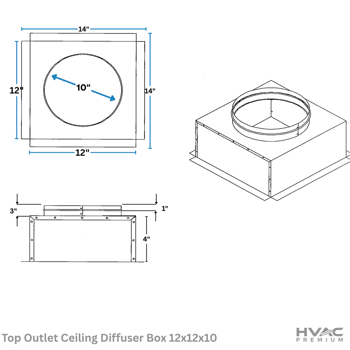 Top Outlet Ceiling Diffuser Box | 12" X 12" X 10" | Galvanized Steel Metal Box Is Compatible With Duct 10"