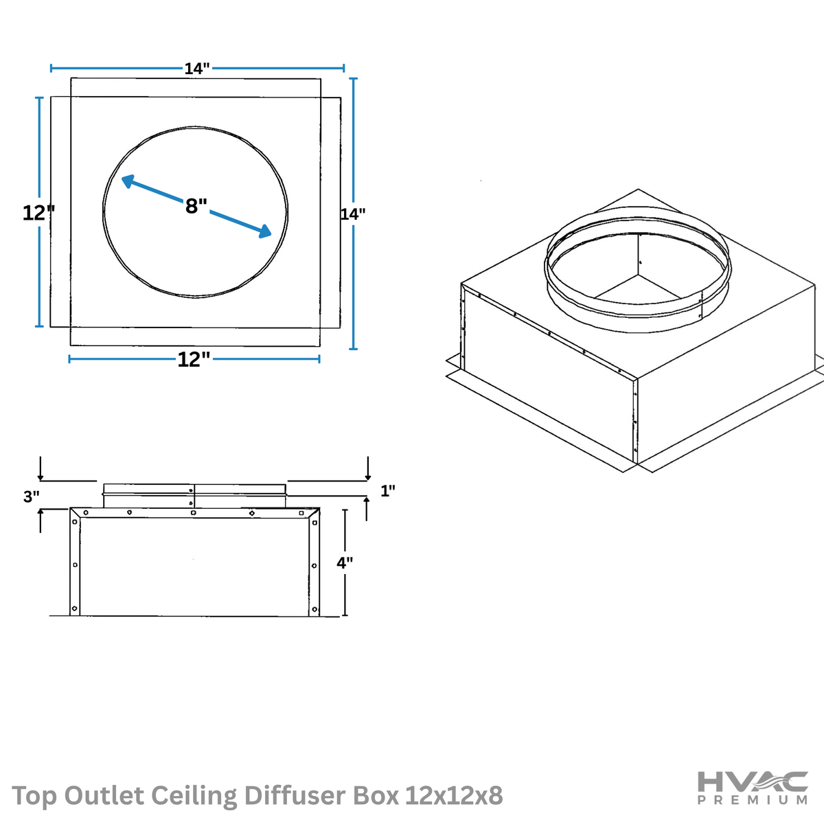 Top Outlet Ceiling Diffuser Box | 12" X 12" X 8" | Galvanized Steel Metal Box Is Compatible With Duct 8"
