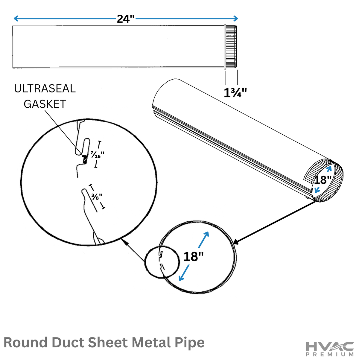 5 Pack 18" Round x 24" Long (Total 10 Feet) - 26-Gauge Galvanized Round Duct Sheet Metal Pipe - Snap Lock with Crimped End Connection [5 Pieces, 2' Each]