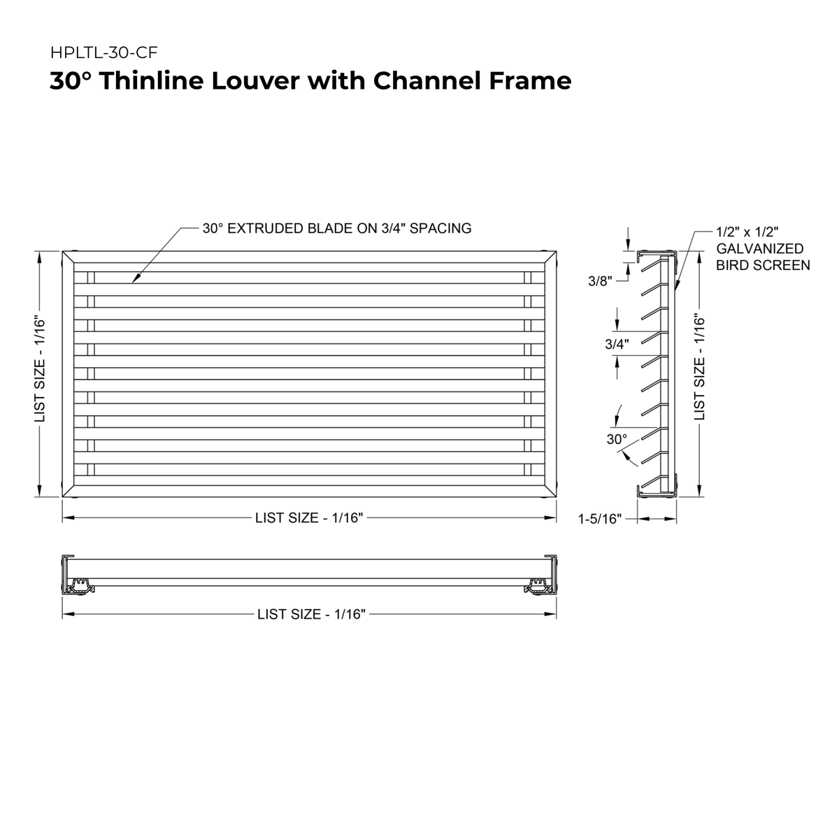 30° Thinline Aluminum Exterior Louver Gable Vent for Walls & Crawlspaces with Screen Protector - HVAC Premium HPLTL - 30 - CF