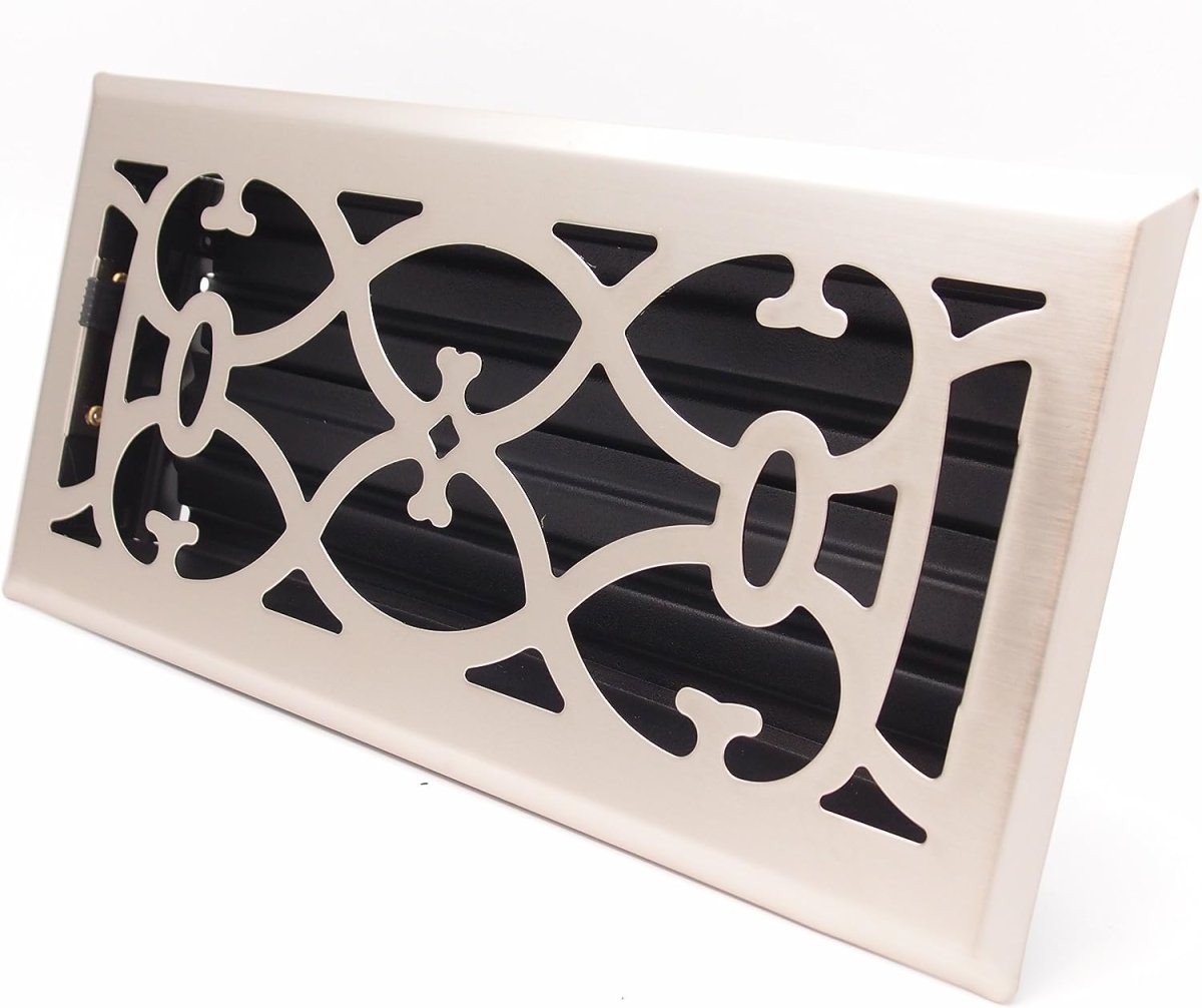 4&quot; X 10&quot; Nickel Victorian Floor Register Grille - Modern Contemporary Decorative Grate - HVAC Vent Duct Cover - Brush Nickel - HVAC PremiumVF410 Brush Nickel HP
