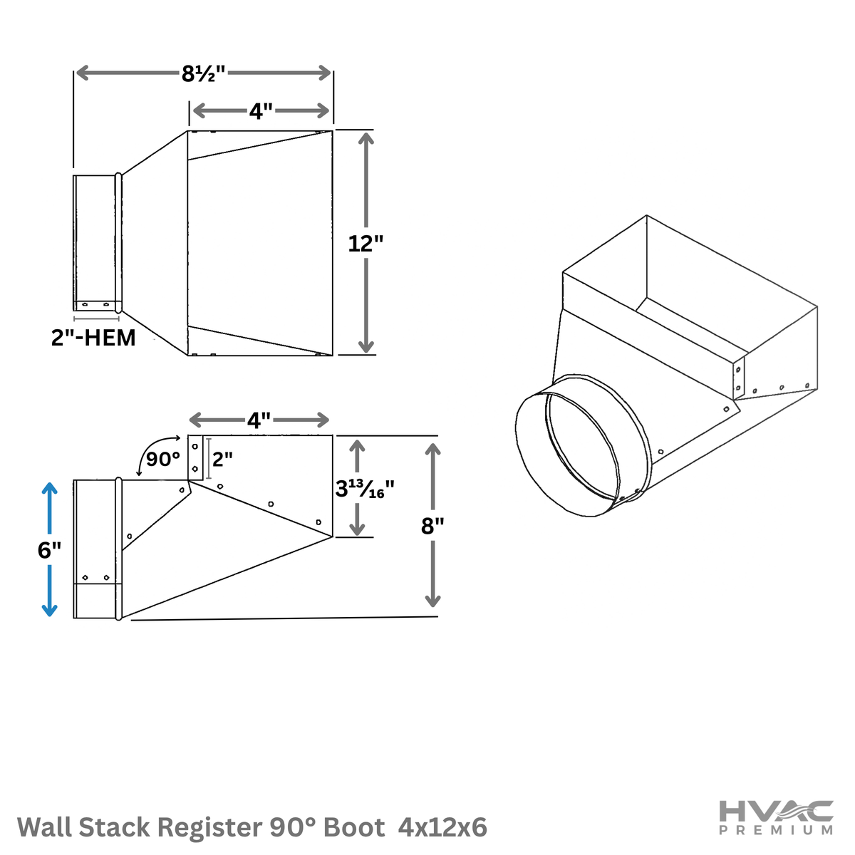 Wall Stack Register 90 Degree Angle Boot | 12" X 4" X 6" | Compatible with Duct 6"