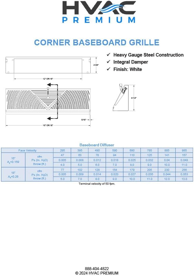 15&quot; Corner Baseboard Grille - White - HVAC Corner Vent Cover