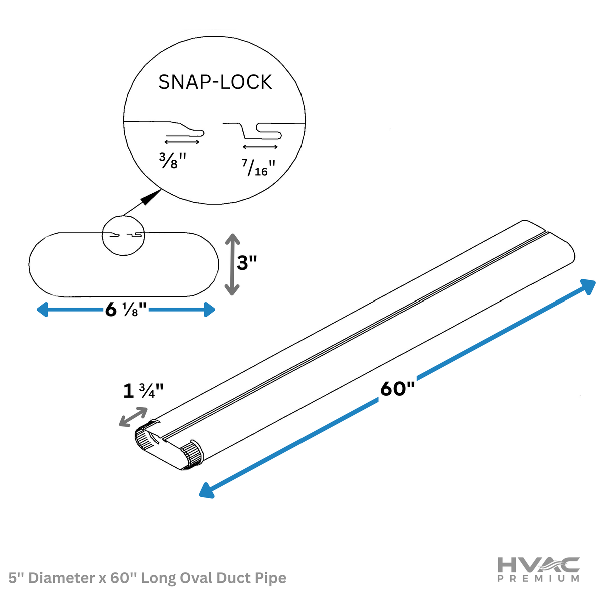 5'' Diameter x 60'' Long Oval Duct Pipe (5 Pack) - 30 Gauge Galvanized Steel Sheet Metal Pipe by HVAC Premium - Crimped End Connection (Total: 25 Feet)