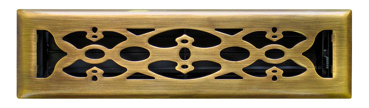 4" X 12" Luxury Victorian Floor Register Grille With Dampers - Luxury Contempo Decorative Grate - HVAC Vent Duct Cover - Antique Brass