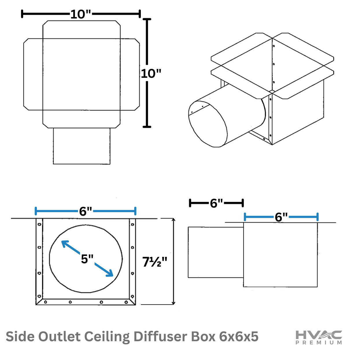 Side Outlet Ceiling Diffuser Box | 6" X 6" X 5" | Galvanized Steel Metal Box is Compatible with Duct 5"
