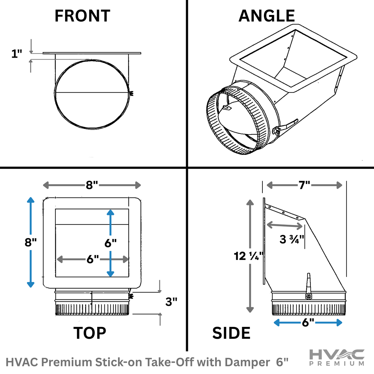 HVAC Premium Stick-on Take-Off with Damper | Take Off Duct | This 6" Galvanized Steel Metal Duct is Compatible with Duct 6"