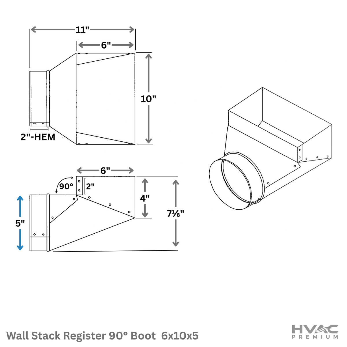 Wall Stack Register 90 Degree Angle Boot | 10" X 6" X 5" | Compatible with Duct 5"