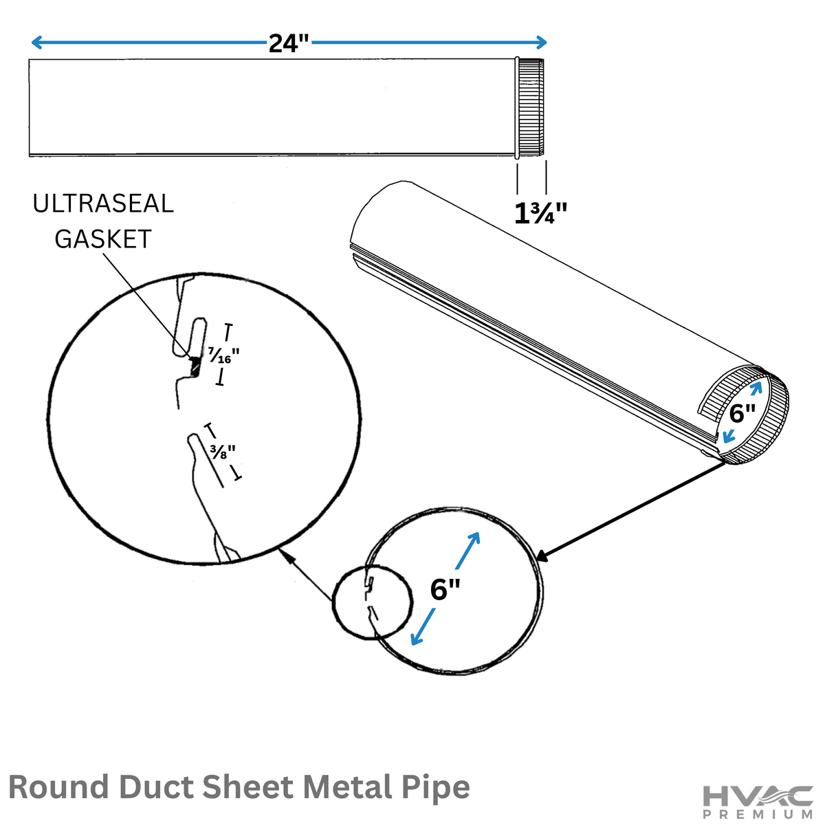 6" Round Duct Pipe - 24" Long - 30-Gauge Snap Lock Dryer Vent Pipe Compatible with 6" Duct