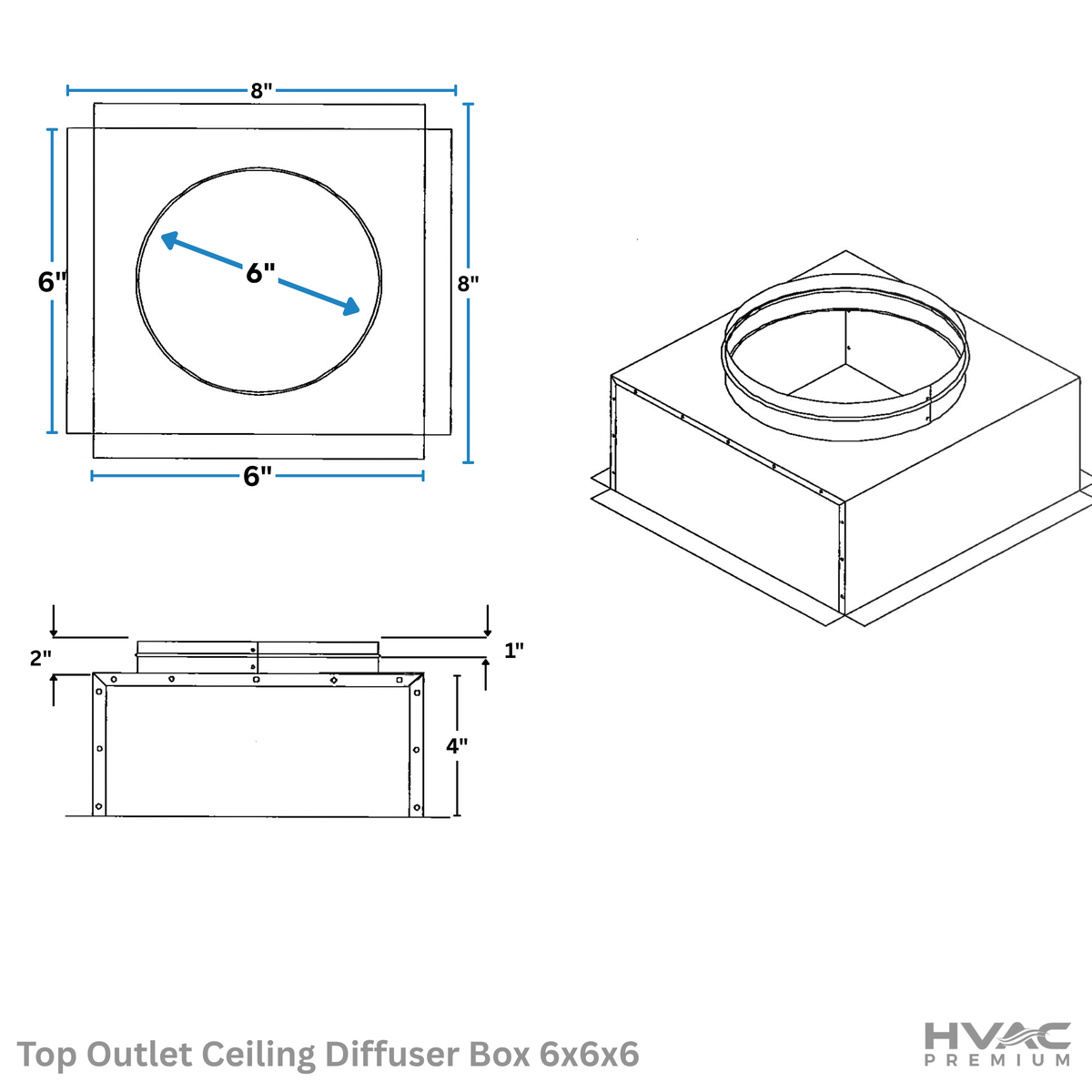 Top Outlet Ceiling Diffuser Box | 6" X 6" X 6" | Galvanized Steel Metal Box Is Compatible With Duct 6"