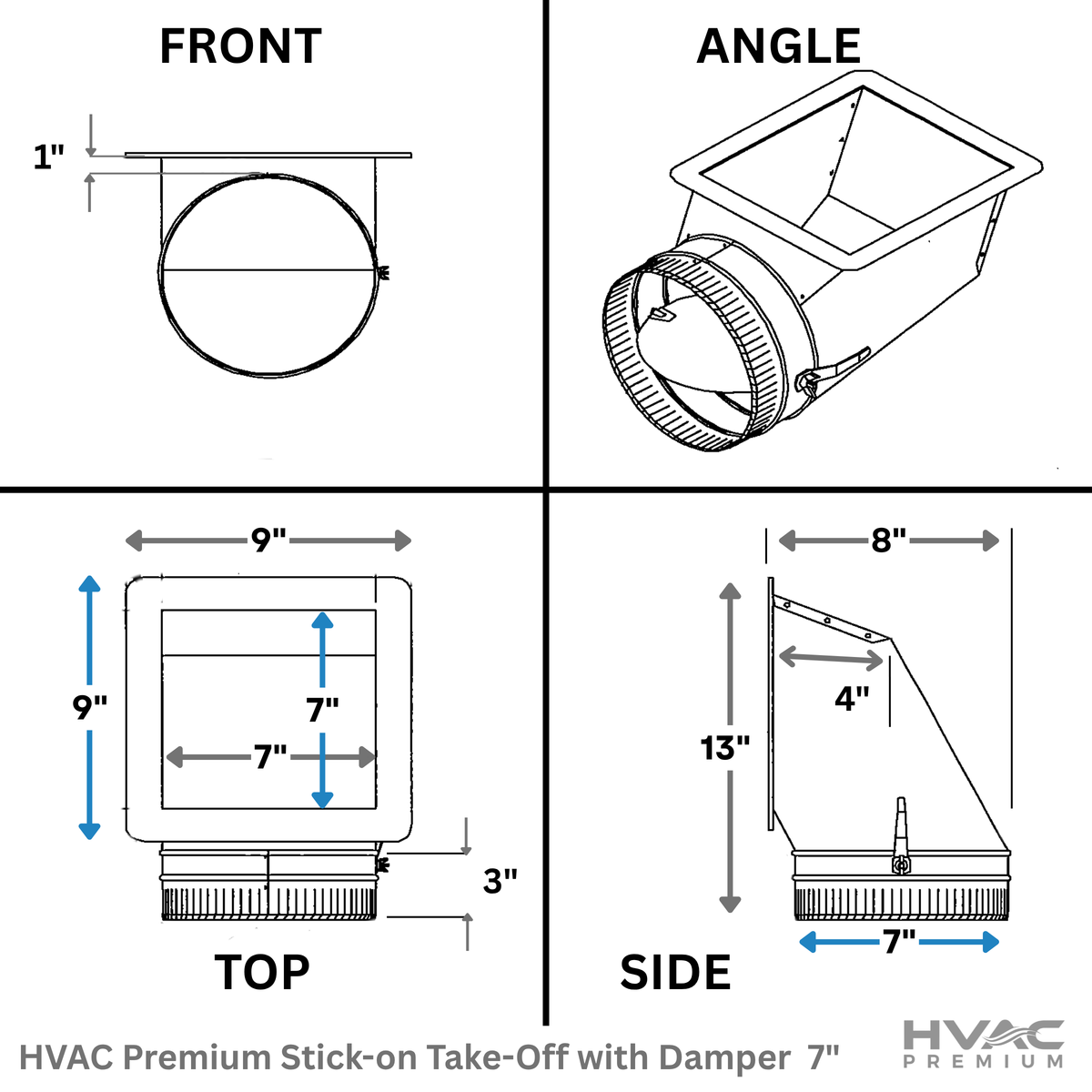 Stick-on Take-Off with Damper | Take Off Duct | This 7" Galvanized Steel Metal Duct is Compatible with Duct 7"