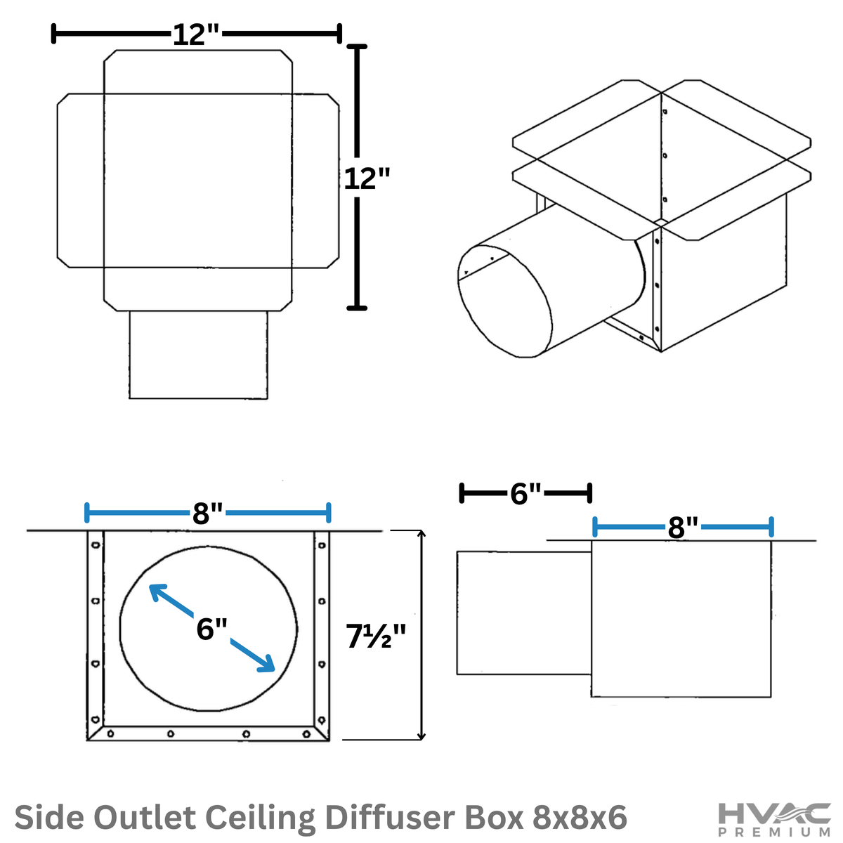 Side Outlet Ceiling Diffuser Box | 8" X 8" X 6" | Galvanized Steel Metal Box is Compatible with Duct 6"