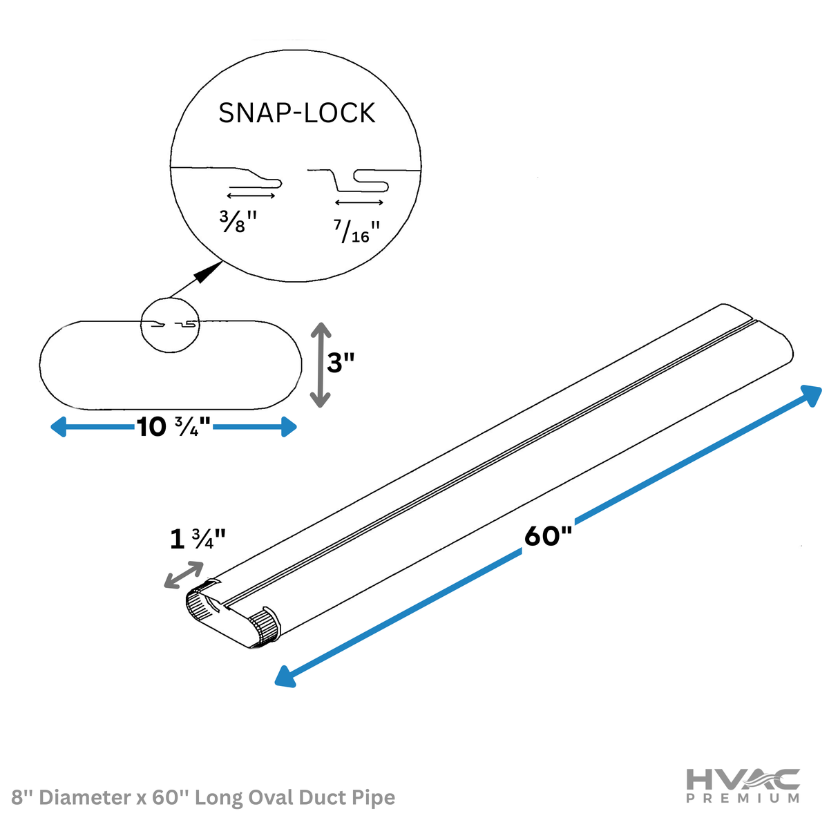 8'' Diameter x 60'' Long Oval Duct Pipe (5 Pack) - 30 Gauge Galvanized Steel Sheet Metal Pipe by HVAC Premium - Crimped End Connection (Total: 25 Feet)