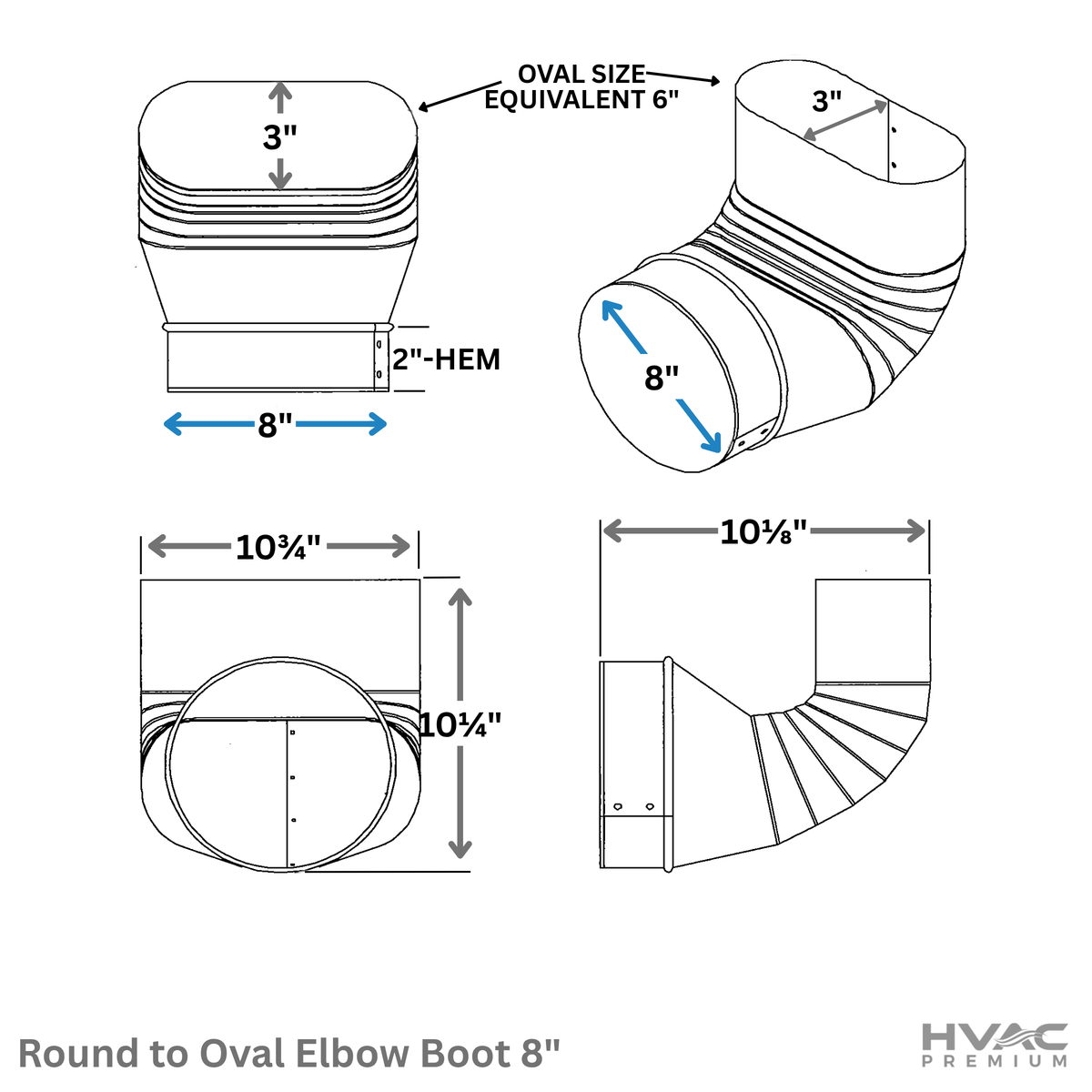 HVAC Premium Round to Oval Elbow Boot | Galvanized Sheet Metal Oval to Round 90-Degree Boot | 8" Oval to Round Elbow Fitting is Compatible with Duct 8"