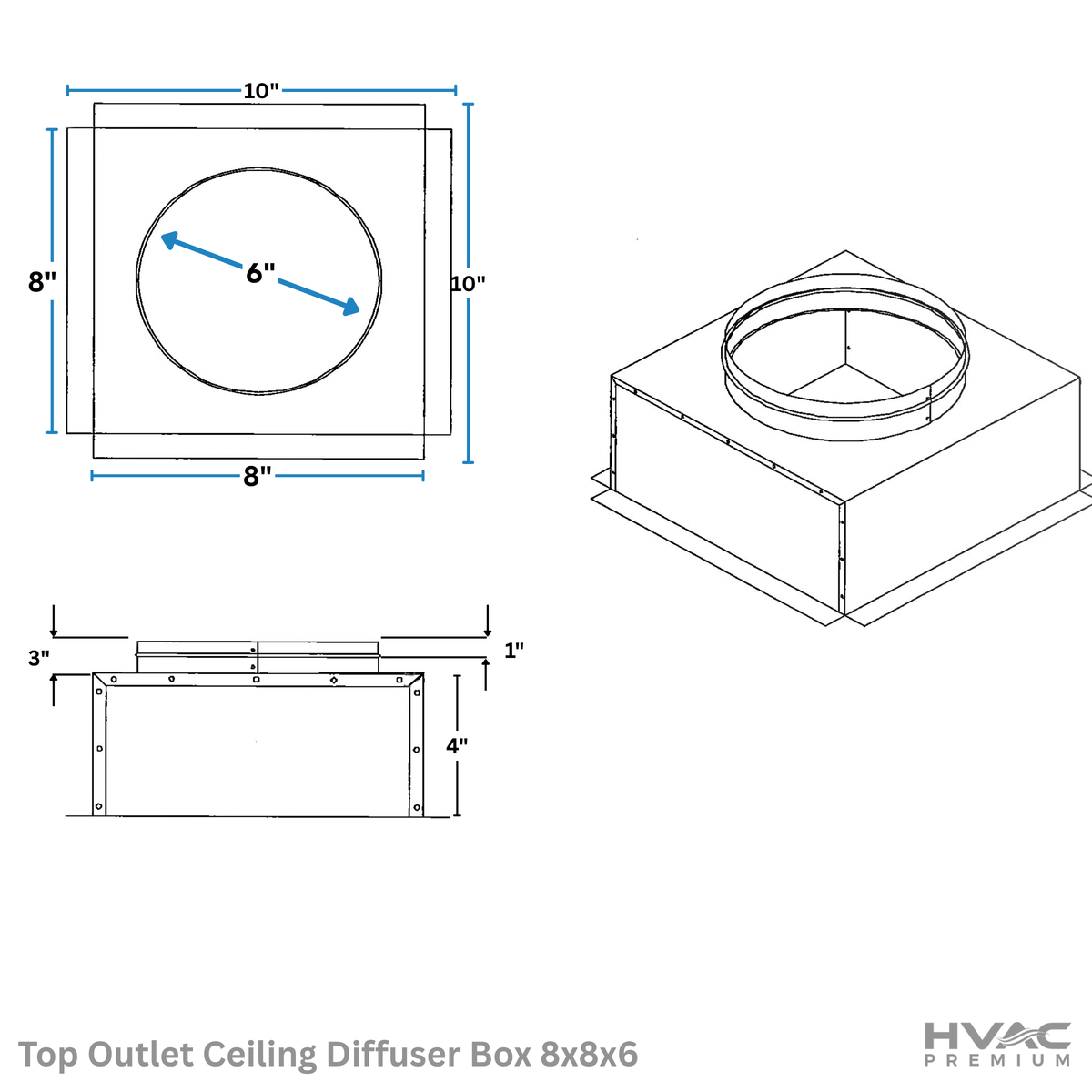 Top Outlet Ceiling Diffuser Box | 8" X 8" X 6" | Galvanized Steel Metal Box Is Compatible With Duct 6"