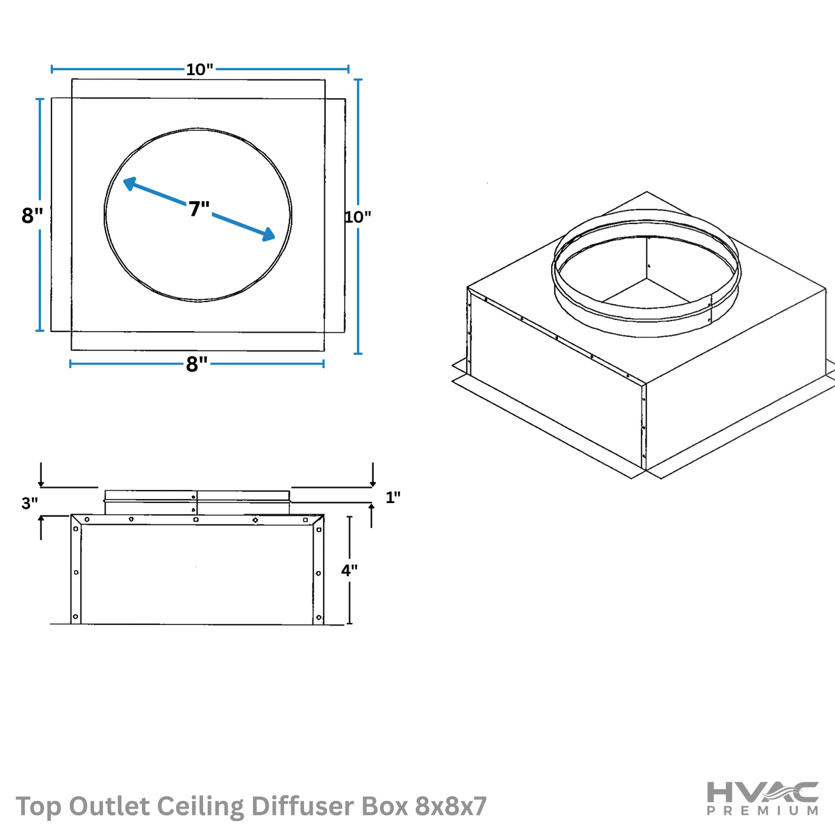 Top Outlet Ceiling Diffuser Box | 8" X 8" X 7" | Galvanized Steel Metal Box Is Compatible With Duct 7"