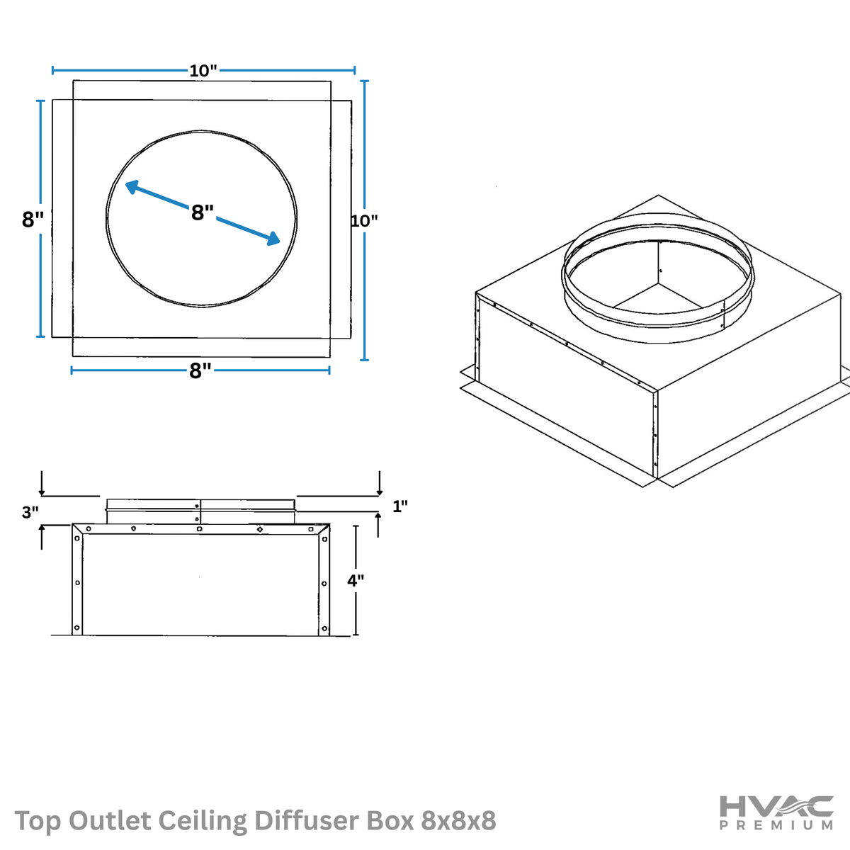 Top Outlet Ceiling Diffuser Box | 8" X 8" X 8" | Galvanized Steel Metal Box Is Compatible With Duct 8"
