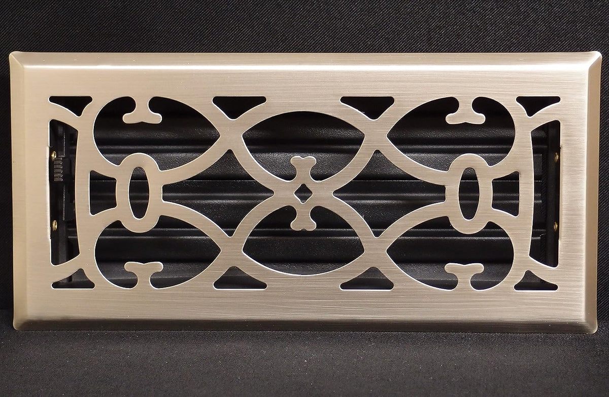 10&quot; X 2&quot; Nickel Victorian Floor Register Grille - Modern Contemporary Decorative Grate - HVAC Vent Duct Cover - Brush Nickel