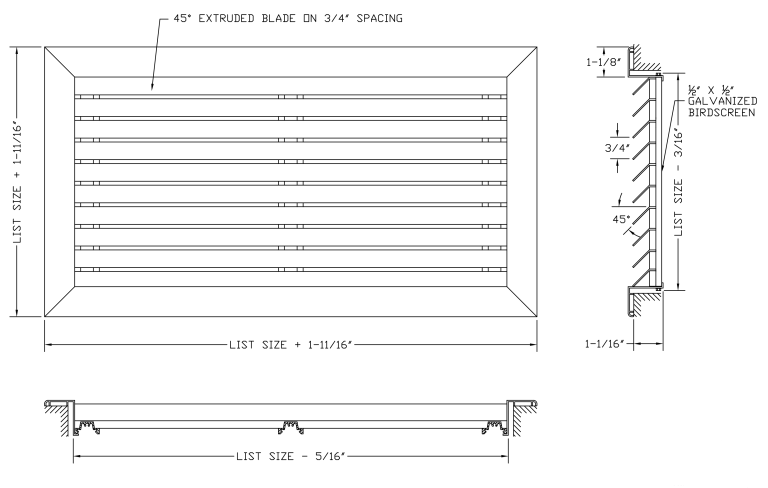 45° Thinline Louver Aluminum Exterior Gable Vent for Walls &amp; Crawlspace with Bird Screen or Insect Screen