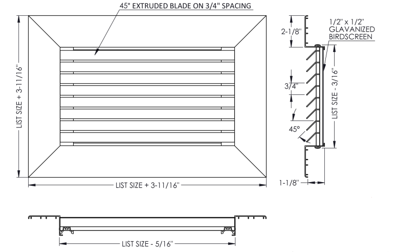 45° Thinline Aluminum Exterior Louver Gable Vent for Walls &amp; Crawlspaces with Screen Protector