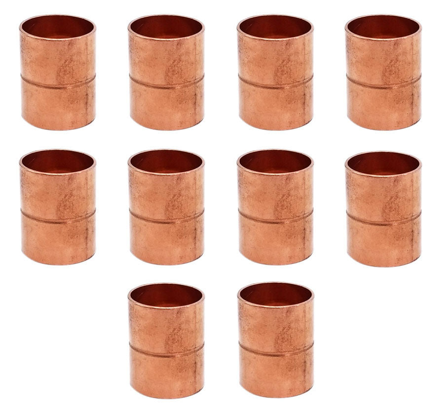 Copper Fitting 7/8 Inch (HVAC Outer Dimension) 3/4 Inch (Plumbing Inner Dimension) - Straight Copper Coupling Fittings With Rolled Tube Stop & HVAC – 99.9% Pure Copper - 10 Pack