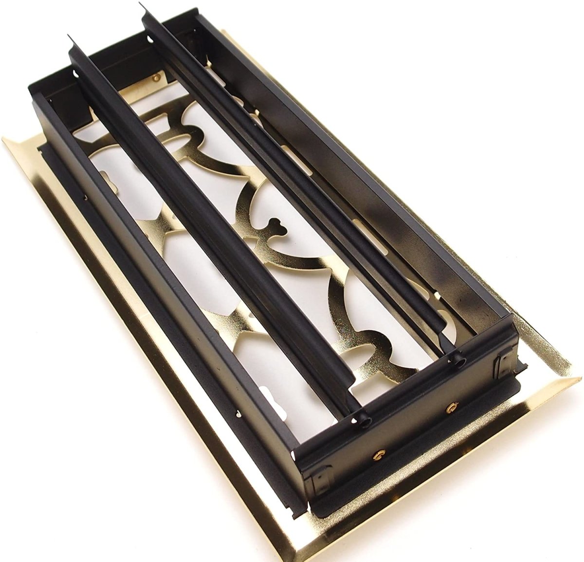 4&quot; X 10&quot; Modern Victorian Floor Register Grille With Dampers - Decorative Grate - HVAC Vent Duct Cover - Polished Brass - HVAC PremiumVF - WB 4x10 PB