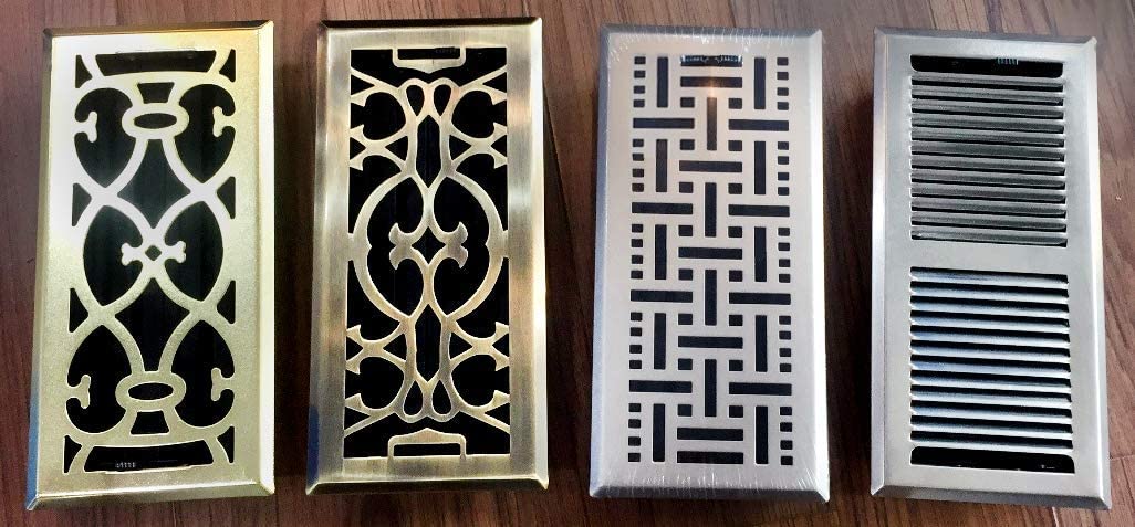 4&quot; X 10&quot; Modern Victorian Floor Register Grille With Dampers - Decorative Grate - HVAC Vent Duct Cover - Polished Brass - HVAC PremiumVF - WB 4x10 PB