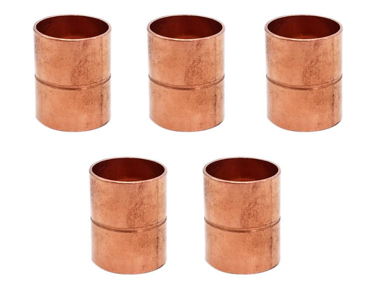 Copper Fitting 1/2 Inch (HVAC Outer Dimension) 3/8 Inch (Plumbing Inner Dimension) - Straight Copper Coupling Fittings With Rolled Tube Stop & HVAC – 99.9% Pure Copper - 5 Pack