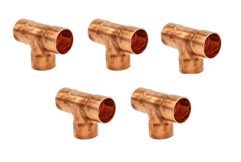 Copper Fitting 3/8 Inch (HVAC Outer Dimension) 1/4 Inch (Plumbing Inner Dimension) - Copper Tee & HVAC – 99.9% Pure Copper - 5 Pack