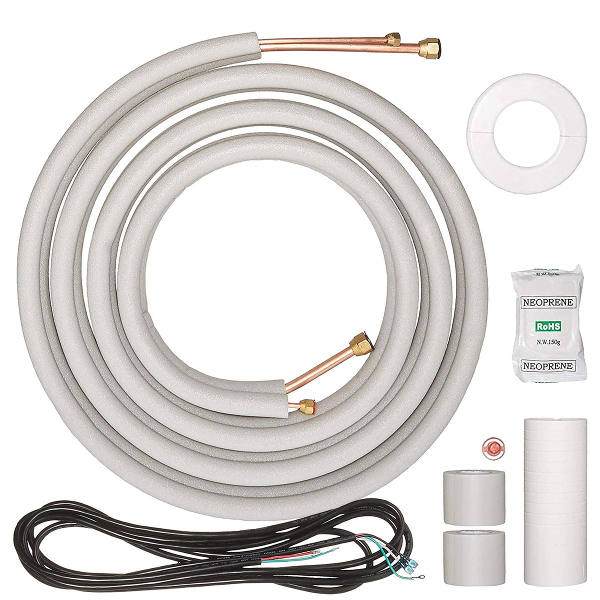 1/4&quot; - 5/8&quot; White Insulated Copper Coil Line Set 16&#39; Long - Flare Nut KIT- Seamless Pipe Tube for HVAC, Refrigerant - 3/8&quot; Insulation
