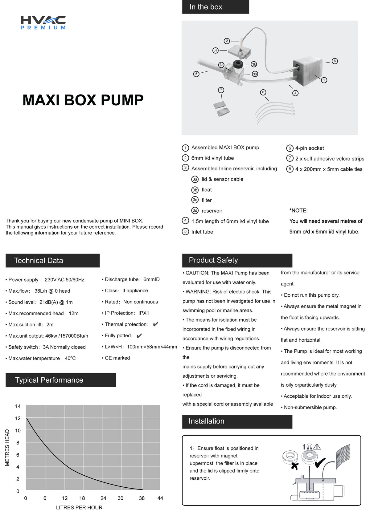 HVAC Premium Condensate Removal Pump - Maxi Box – Automatic Safety Switch Sensor - 230V AC 50-60Hz Voltage