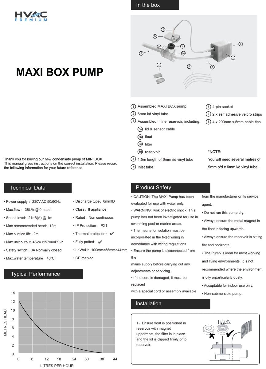 HVAC Premium Condensate Removal Pump - Maxi Box – Automatic Safety Switch Sensor - 230V AC 50 - 60Hz Voltage - HVAC PremiumCP - MXB - 220